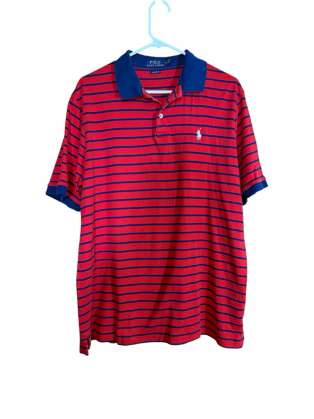 Polo Ralph Lauren classic fit red navy blue striped short sleeve cotton polo L